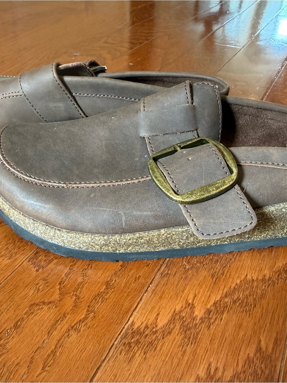 Brown Leather Slip-On Loafers with Brass Buckle